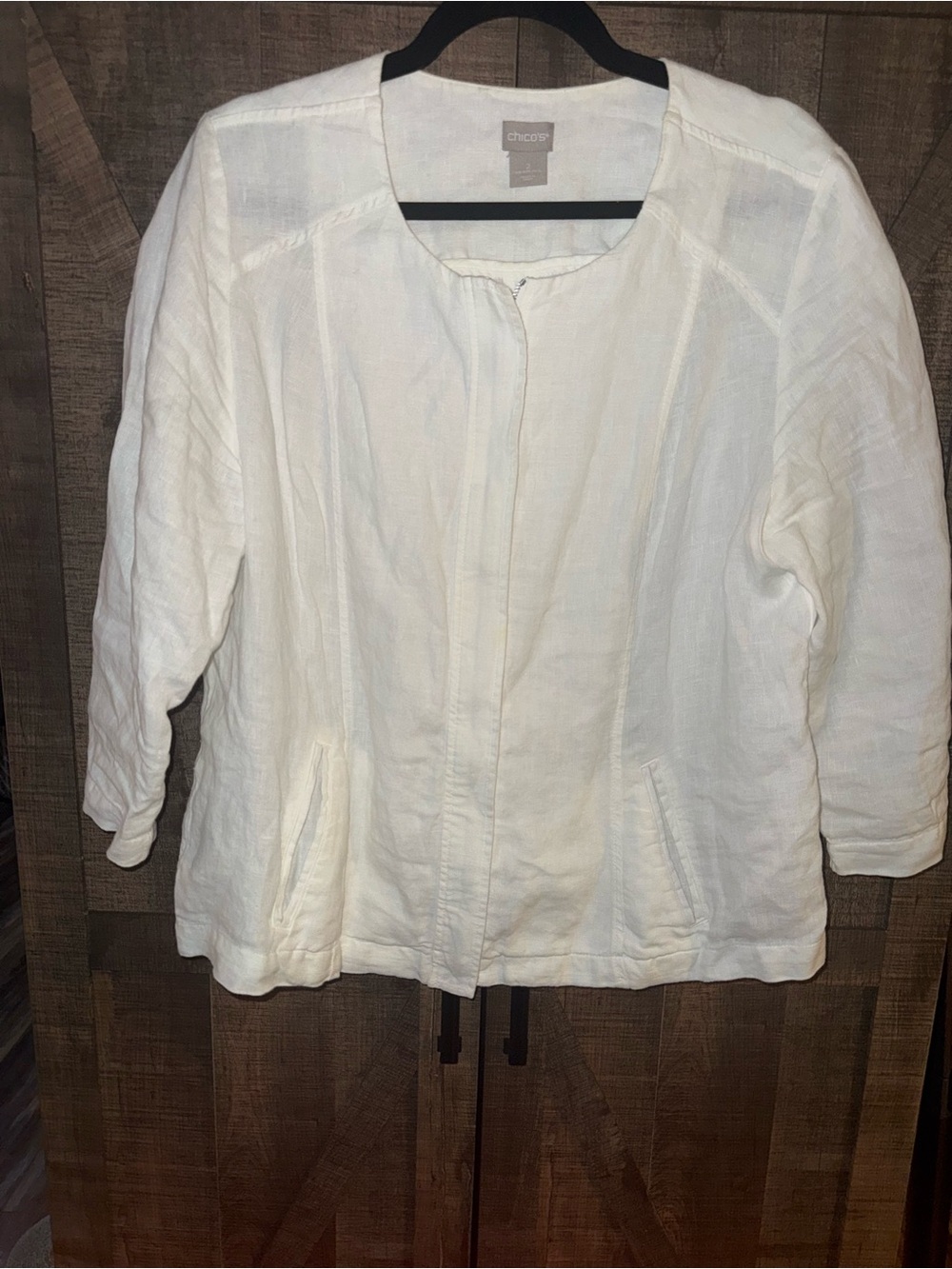 Chico's White Linen Open-Front Jacket size 2 Large.